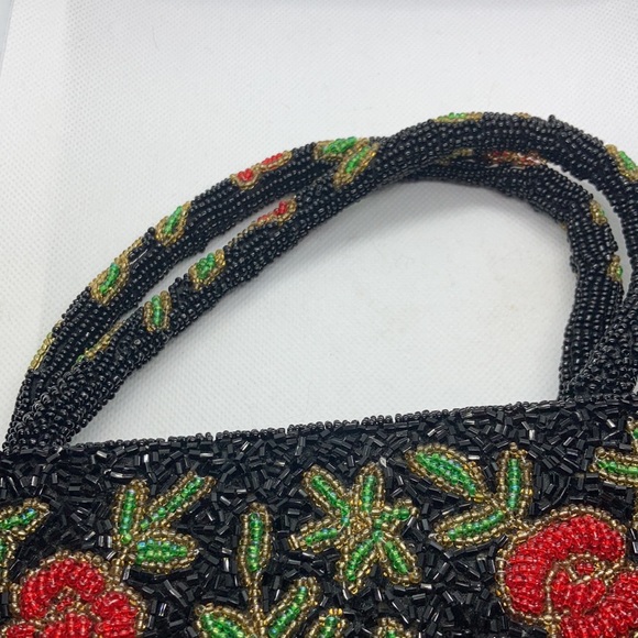 EUC beaded purse black red pink green rose pattern - Picture 4 of 9